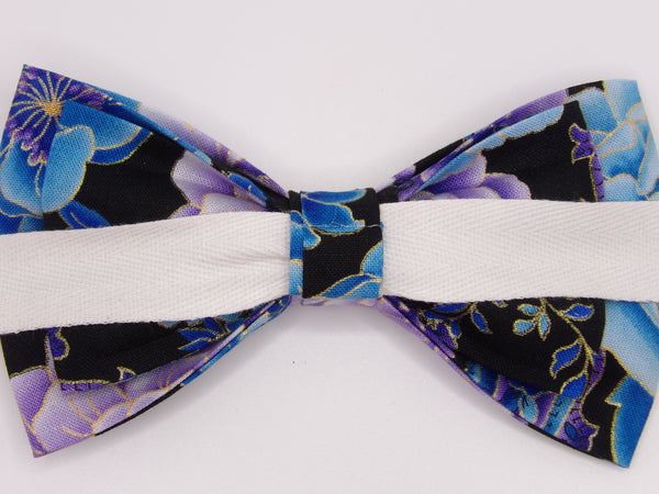 Beautiful Floral Paisley Bow tie / Lavender & Blue Flowers on Black with Metallic Gold Trim / Pre-tied Bow tie