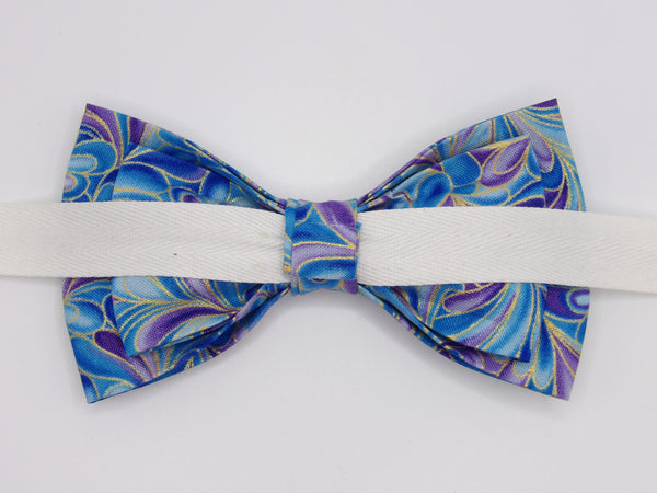 Peacock Swirl Bow tie / Blue and Purple Swirls / Metallic Gold Highlights / Pre-tied Bow tie