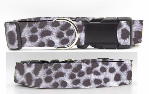 Snow Leopard Print Dog Collar / Dark Gray Spots on White / Exotic Dog Collar / Matching Dog Bow tie