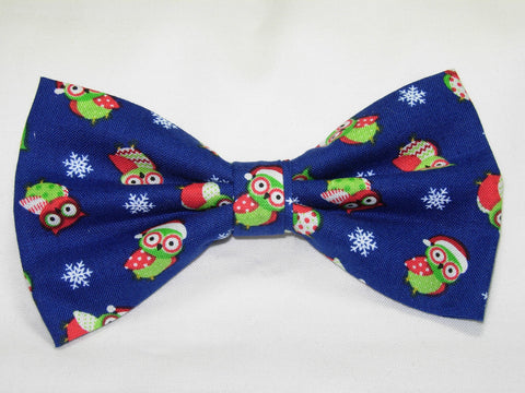 Christmas Bow tie / Holiday Owls & Snowflakes on Dark Blue / Pre-tied Bow tie