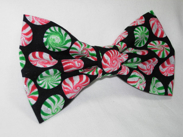 Christmas Candy Bow tie / Sparkling Peppermint Disks on Black / Pre-tied Bow tie - Bow Tie Expressions