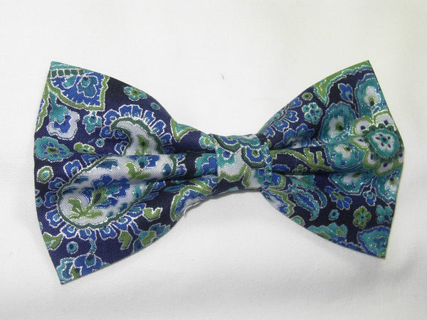 Blue & Silver Paisley / Teal Blue & Turquoise / Metallic Silver / Pre-tied Bow tie