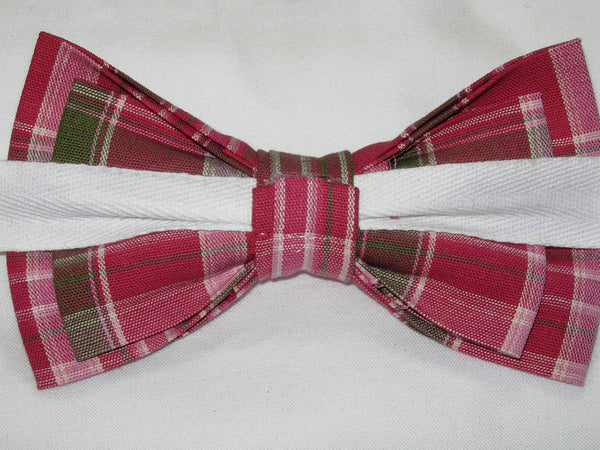 Red Plaid Bow tie / Raspberry Red & Sage Green / Pre-tied Bow Tie