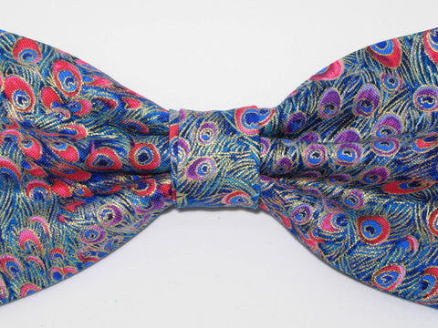 Blue Peacock Bow Tie / Blue Feathers with Metallic Gold Trim / Pre-tied Bow tie - Bow Tie Expressions