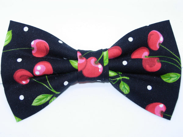 CHERRY DELIGHT BOW TIE - RED CHERRIES ON BLACK WITH POLKA DOTS - Bow Tie Expressions