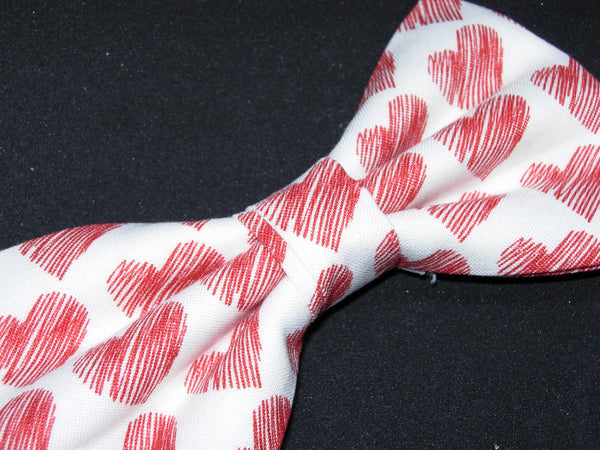 Scribbled Valentine Hearts Bow tie / Red Hearts on White / Pre-tied Bow tie