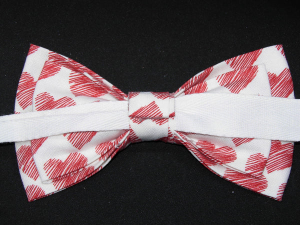 Scribbled Valentine Hearts Bow tie / Red Hearts on White / Pre-tied Bow tie