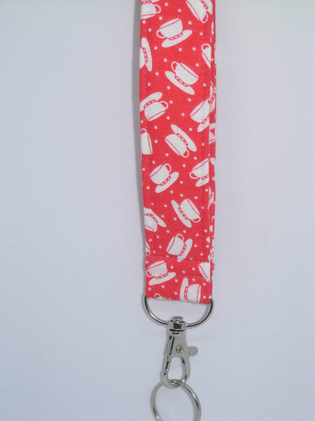 Barista Key Fob / White Coffee Cups on White / Coffee Lanyard, Key Chain, Cell Phone Wristlet - Bow Tie Expressions