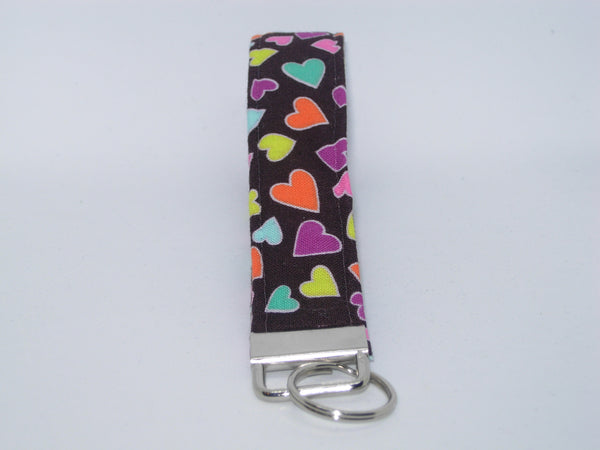 Happy Hearts Lanyard / Mini Hearts on Brown / Valentine Key Fob, Heart Key Chain, Cell Phone Wristlet - Bow Tie Expressions