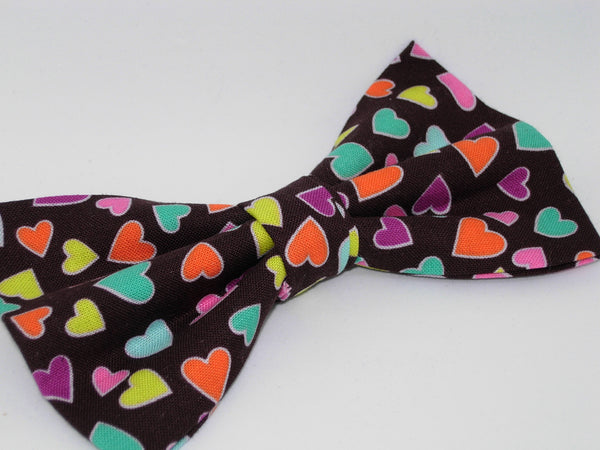 Colorful Valentine Hearts Bow tie / Mini Hearts on Chocolate Brown / Self-tie & Pre-tied Bow tie - Bow Tie Expressions