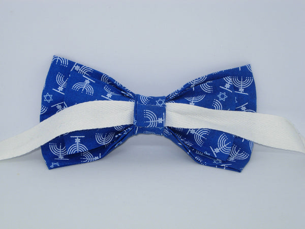 Hanukkah Bow tie / White Jewish Menorahs on Blue / Self-tie & Pre-tied Bow tie