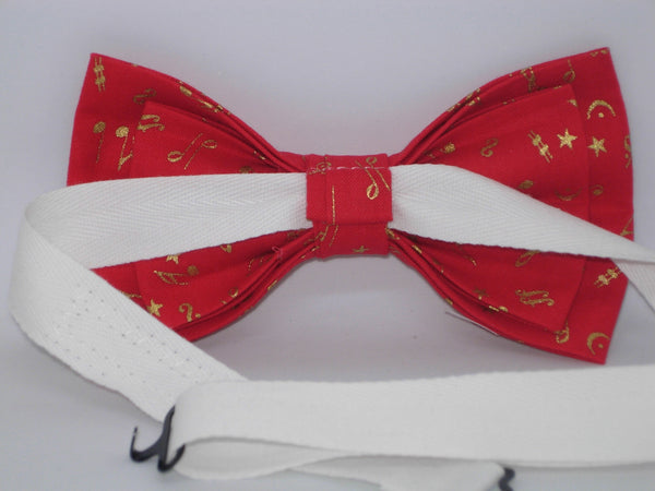 Music Bow tie / Mini Metallic Gold Musical Notes on Red / Pre-tied Bow tie