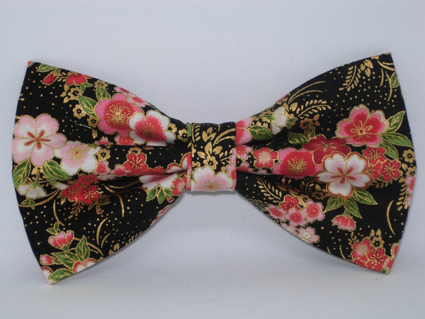 Japanese Floral Bow tie / Oriental Pink Flowers / Metallic Gold / Pre-tied Bow tie