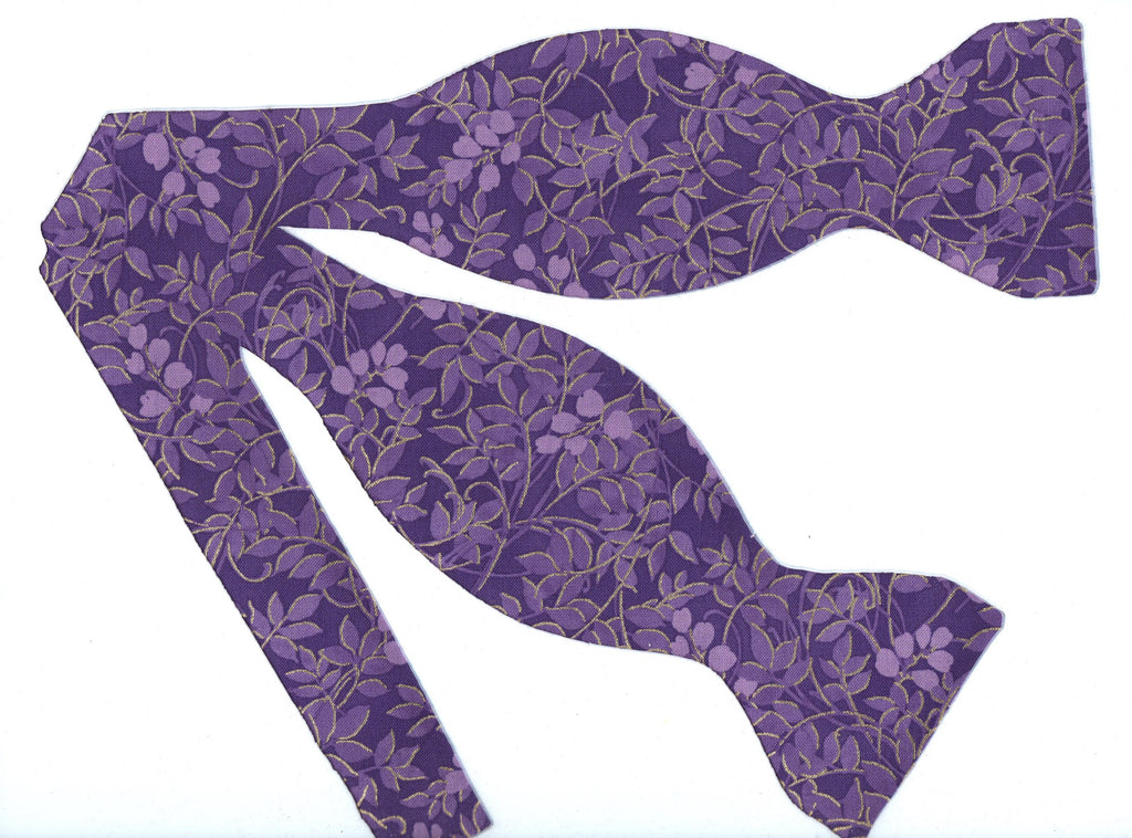 Purple Bow Tie / Delicate Purple Leaves with Metallic Gold Highlights / Self-tie & Pre-tied Bow tie