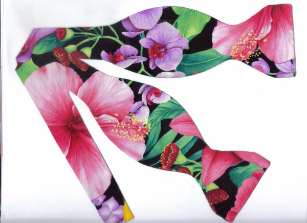 Hawaiian Flowers Bow Tie / Tropical Pink, Mauve & Lavender Flowers / Self-tie & Pre-tied Bow tie