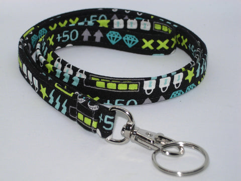 Gamer Lanyard / Video Game Icons on Black / Key Chain, Key Fob, Cell Phone Wristlet - Bow Tie Expressions