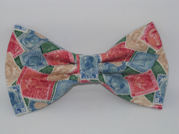 Stamp Collector Bow Tie / Red, Green, Blue, Vintage Postage Stamps / Pre-tied Bow tie