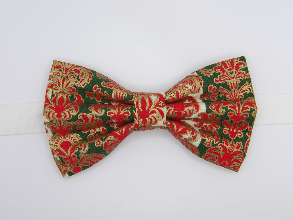 Christmas Bow tie, Red Damask on Green, Metallic Gold Trim, Pre-tied Bow tie