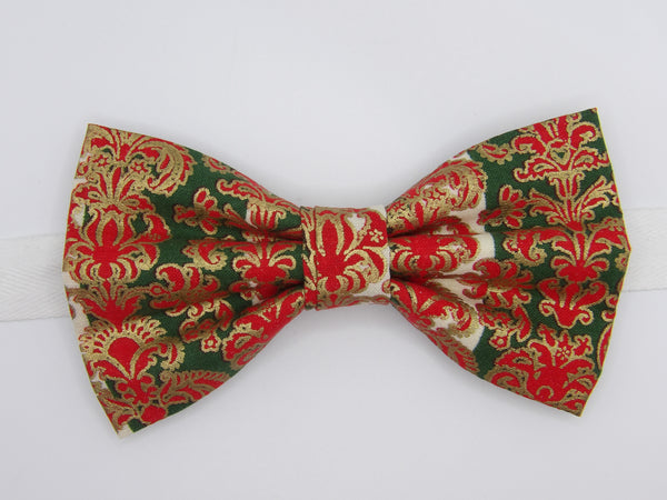 Christmas Bow tie, Red Damask on Green, Metallic Gold Trim, Pre-tied Bow tie