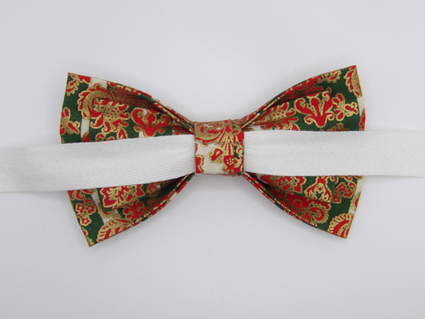Christmas Bow tie, Red Damask on Green, Metallic Gold Trim, Pre-tied Bow tie