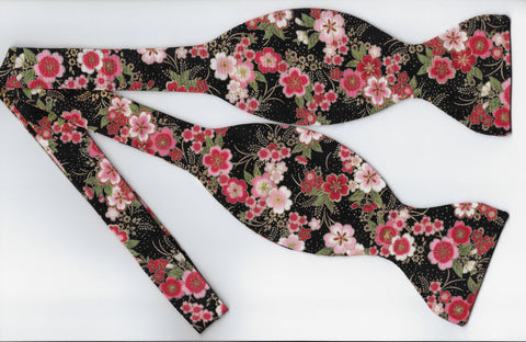 Japanese Floral Bow tie / Oriental Pink Flowers / Metallic Gold / Self-tie & Pre-tied Bow tie