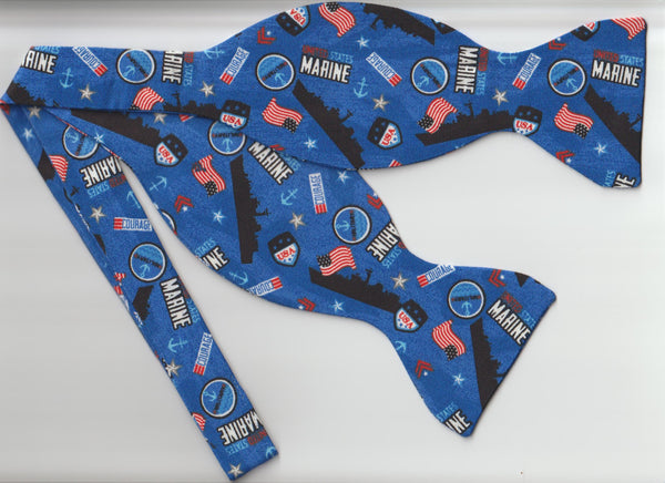 Marine Corps Bow tie / USMC Symbols on Blue / Self-tie & Pre-tied Bow tie