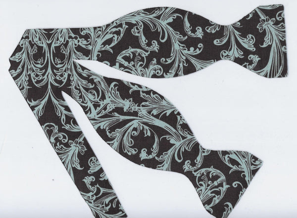 Aqua Blue & Brown Damask Bow Tie - Aqua Blue Damask Print on Chocolate Brown | Self-tie & Pre-tied