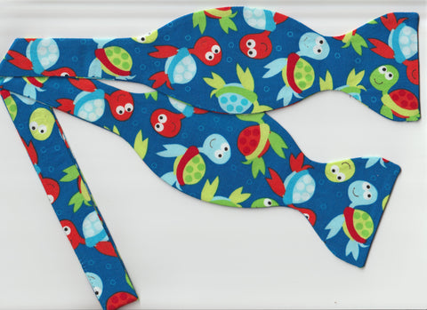 Baby Sea Turtles Bow tie / Orange, Green & Blue Turtles on Royal Blue / Self-tie & Pre-tied Bow tie