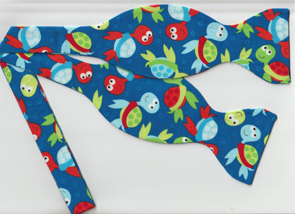 Baby Sea Turtles Bow tie / Orange, Green & Blue Turtles on Royal Blue / Self-tie & Pre-tied Bow tie