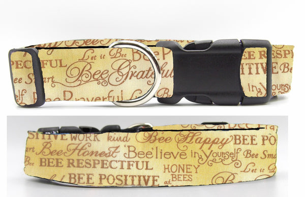 Bee Happy Dog Collar / Bee Words on Honey Gold / Bee Positive / Bee Kind / Matching Dog Bow tie