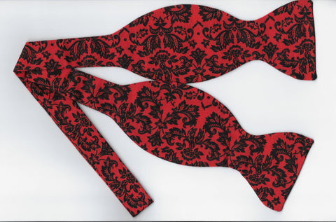 Red & Black Damask Bow Tie - Petite Black Damask Print on Red | Self-tie & Pre-tied - Bow Tie Expressions