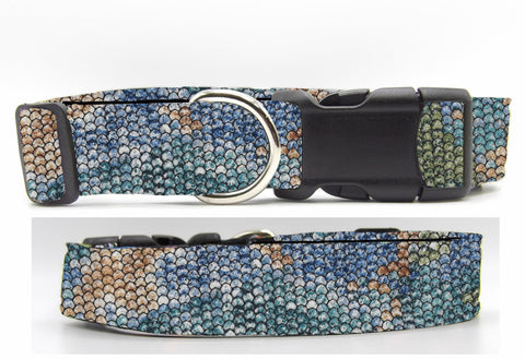 Snake Print Dog Collar / Blue, Green & Tan Snake Skin Design / Exotic Dog Collar / Matching Dog Bow tie