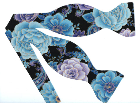Beautiful Floral Paisley Bow tie / Lavender & Blue Flowers on Black with Metallic Gold Trim / Self-tie & Pre-tied Bow tie