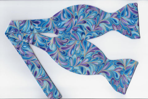 Peacock Swirl Bow tie / Blue and Purple Swirls / Metallic Gold Highlights / Self-tie & Pre-tied Bow tie