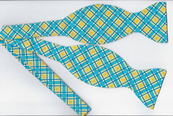 Summer Plaid Bow tie / Teal Blue & Yellow / Self-tie & Pre-tied Bow tie - Bow Tie Expressions