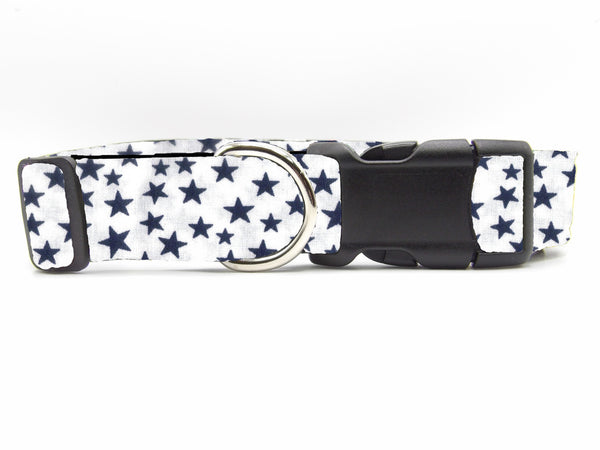 Blue Stars Dog Collar / Navy Blue Stars on White / Patriotic Dog Collar / Matching Dog Bow tie