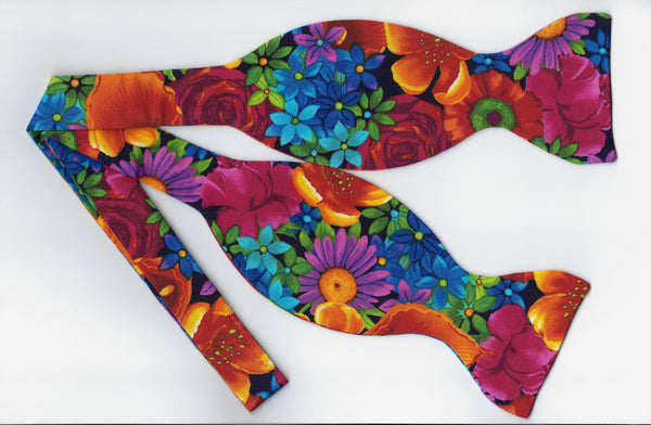 Bright Flowers Bow tie / Red, Orange, Blue & Purple Flowers on Black / Self-tie & Pre-tied Bow tie