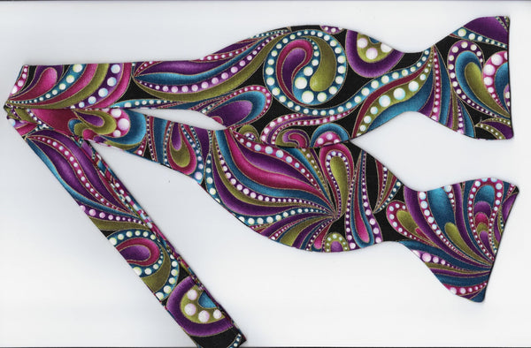 Retro Abstract Paisley Bow tie / Purple, Teal, Pink Paisley & Metallic Gold / Self-tie & Pre-tied Bow tie