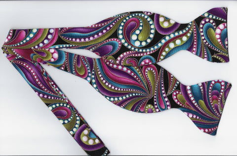 Retro Abstract Paisley Bow tie / Purple, Teal, Pink Paisley & Metallic Gold / Self-tie & Pre-tied Bow tie