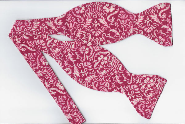 Vintage Damask Bow Tie / Petite White Damask Print on Cherry Red / Self-tie & Pre-tied - Bow Tie Expressions