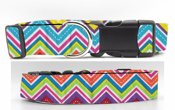 Bright Chevron Dog Collar / Pink, Purple, Blue, Green Chevron Stripes / Cool Dog Collar / Matching Dog Bow tie