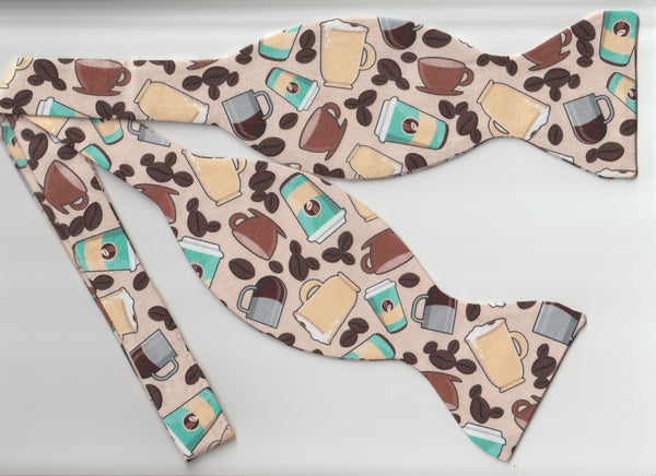 Coffee Lover Bow tie / Various Coffee Cups & Coffee Beans on Tan / Barista / Coffee Shop / Self-tie & Pre-tied Bow tie