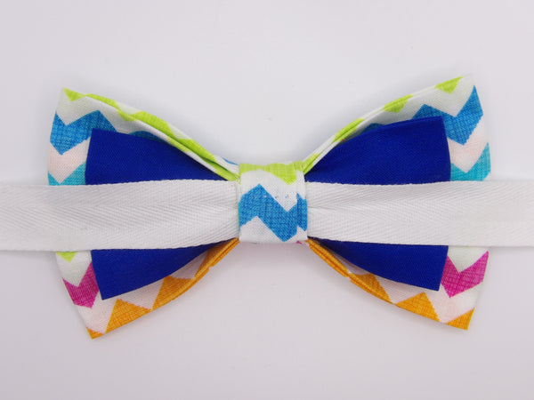 Neon Chevron Bow tie / Blue, Pink, Orange, Lime Green Zig Zag Stripes / Pre-tied Bow tie