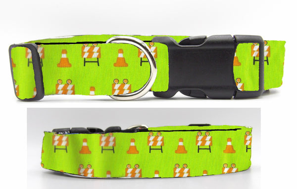 Construction Dog Collar / Orange Cones & Barricades / Neon Green / Cool Dog Collar / Matching Dog Bow tie