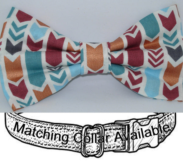Southwest Dog Collar / Teal, Maroon, Blue & Gray Arrows with Metallic Copper / Copper Dog Collar / Matching Dog Bow tie
