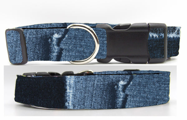 Denim Blue Dog Collar / Blue Jean Patches / Shades of Navy Blue / Patches Dog Collar / Matching Dog Bow tie