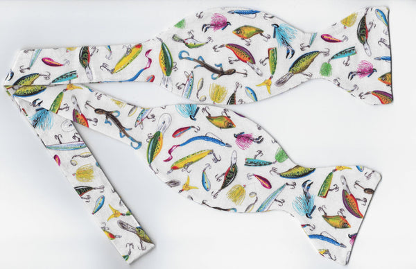 Fishing Bow tie / Colorful Fishing Lures on White / Self-tie & Pre-tied Bow tie