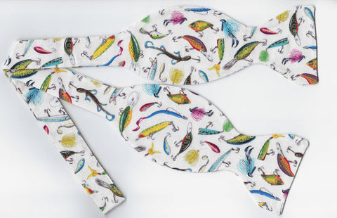 Fishing Bow tie / Colorful Fishing Lures on White / Self-tie & Pre-tied Bow tie