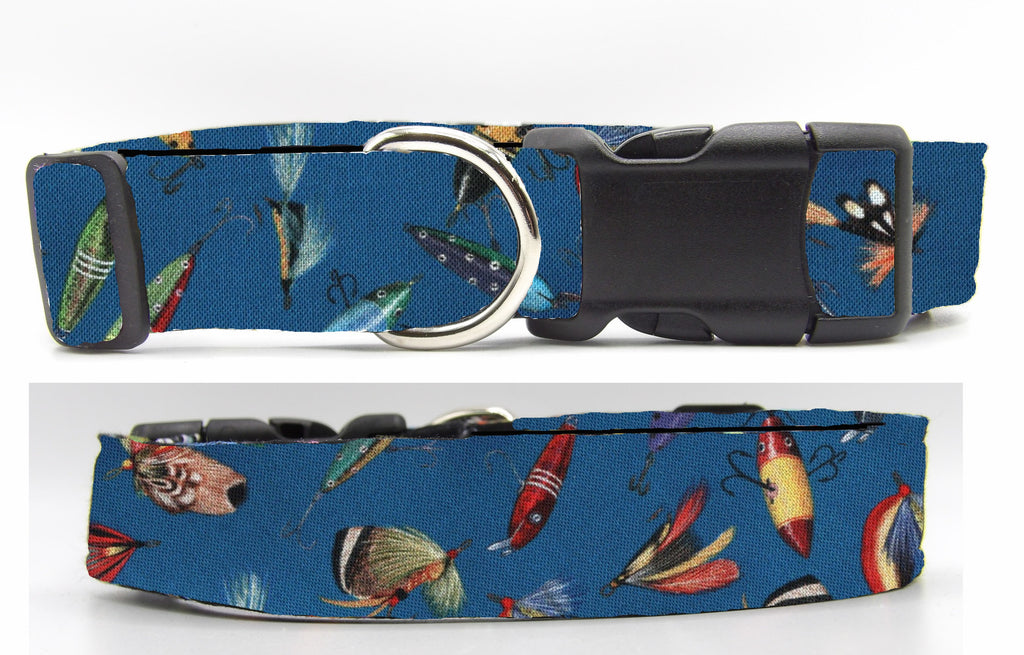 Fishing Lures Dog Collar / Colorful Flies & Lures on Dark Blue / Matching Dog Bow tie