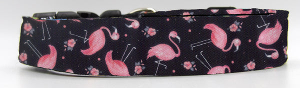 Flamingo Dog Collar / Pink Flamingos on Black / Tropical / Beach / Summer / Matching Dog Bow tie